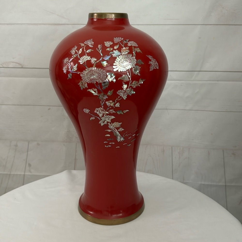 Vintage Brass & Enamel Asian Vase With Mother of Pearl Floral Design 22”